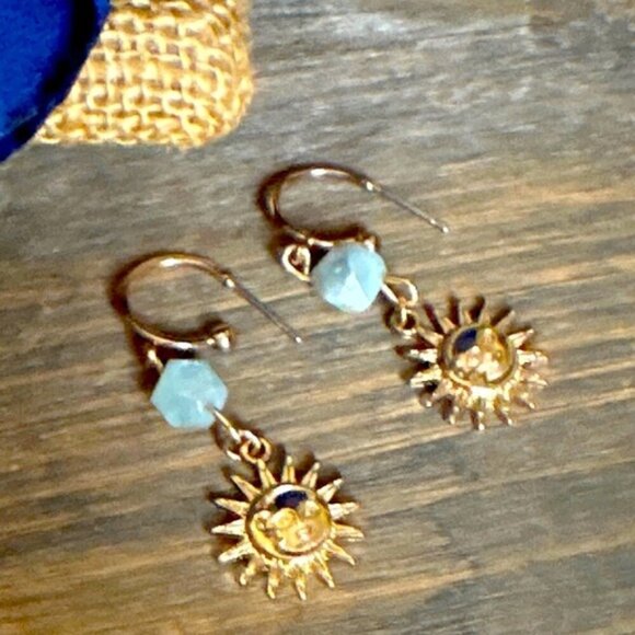 Gold aquamarine charms dangle bohemian earrings - Picture 1 of 1